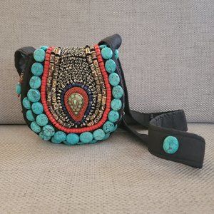 Rare Unique Handmade Tibetan Turquoise Coral Crossbody Purse Bag Heavy Beaded